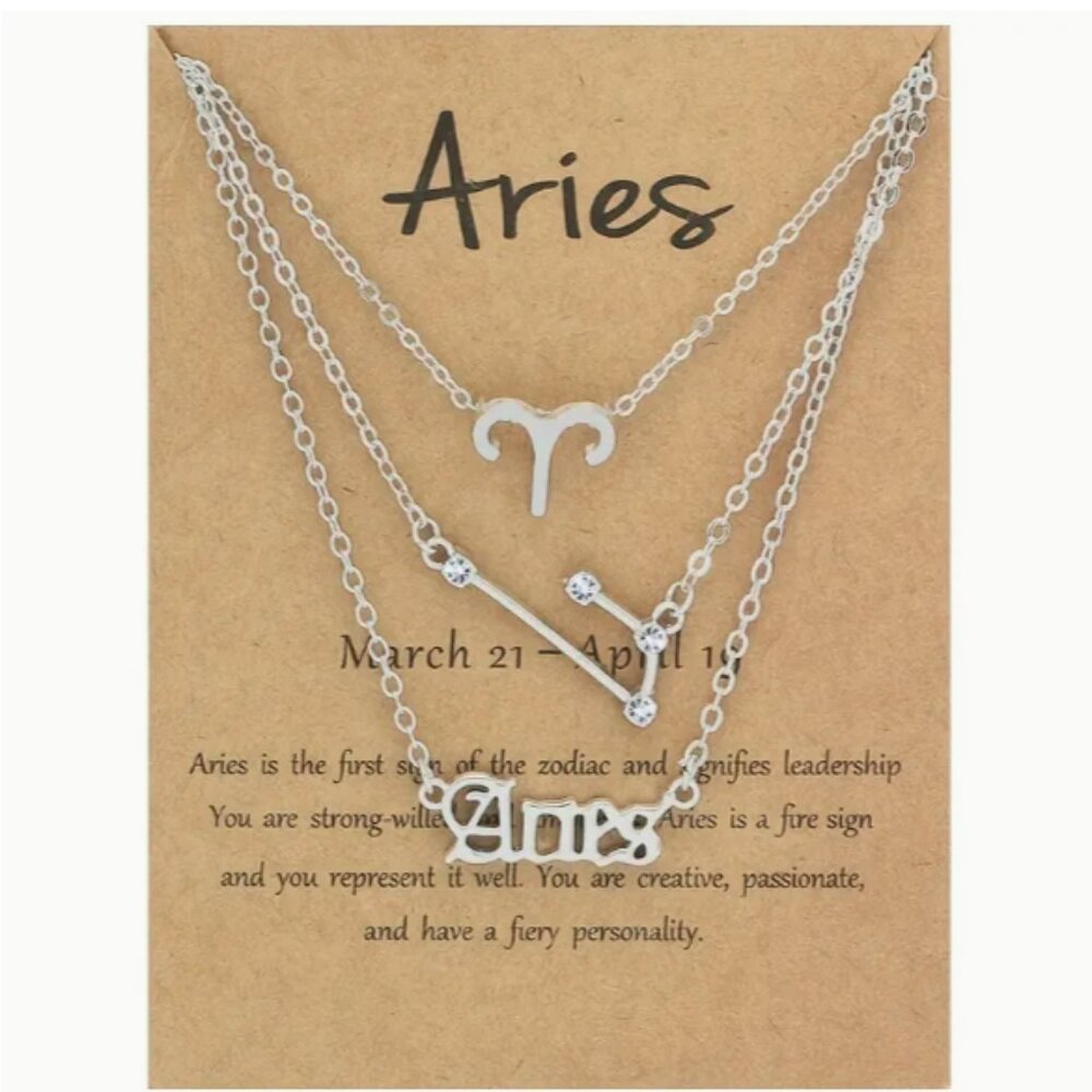 🍏50% OFF/3+...♈ 3 pc zodiac Aries link chain layered necklace set (Silver tone)